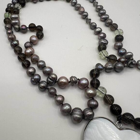 Paua Abalone Shell Mosaic Heart Neck Pendant Fresh Water pearls Mala Necklace - Picture 5 of 5